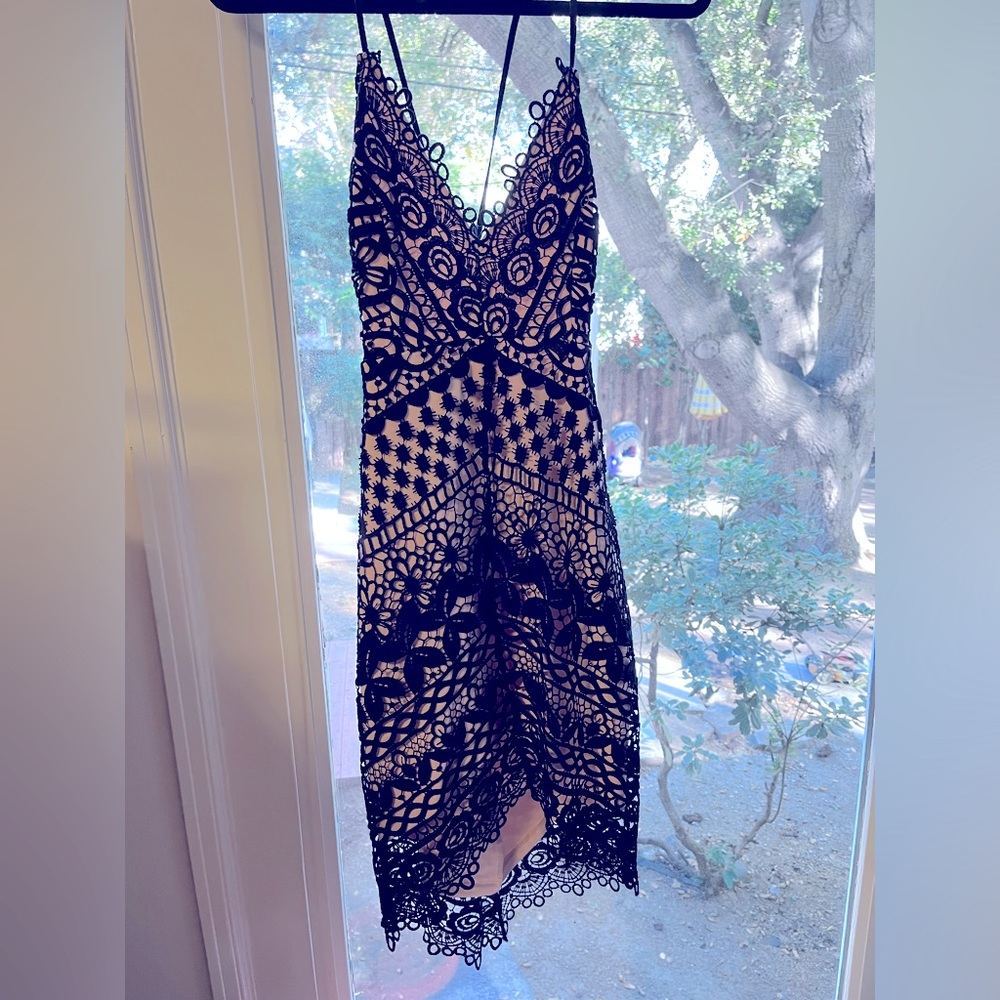 Astr Black Lace Midi Dress with Nude Lining